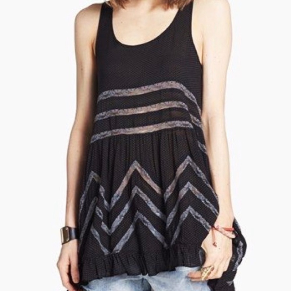 Free People Trapeze Ruffle Tank Tunic with dot and lace detail